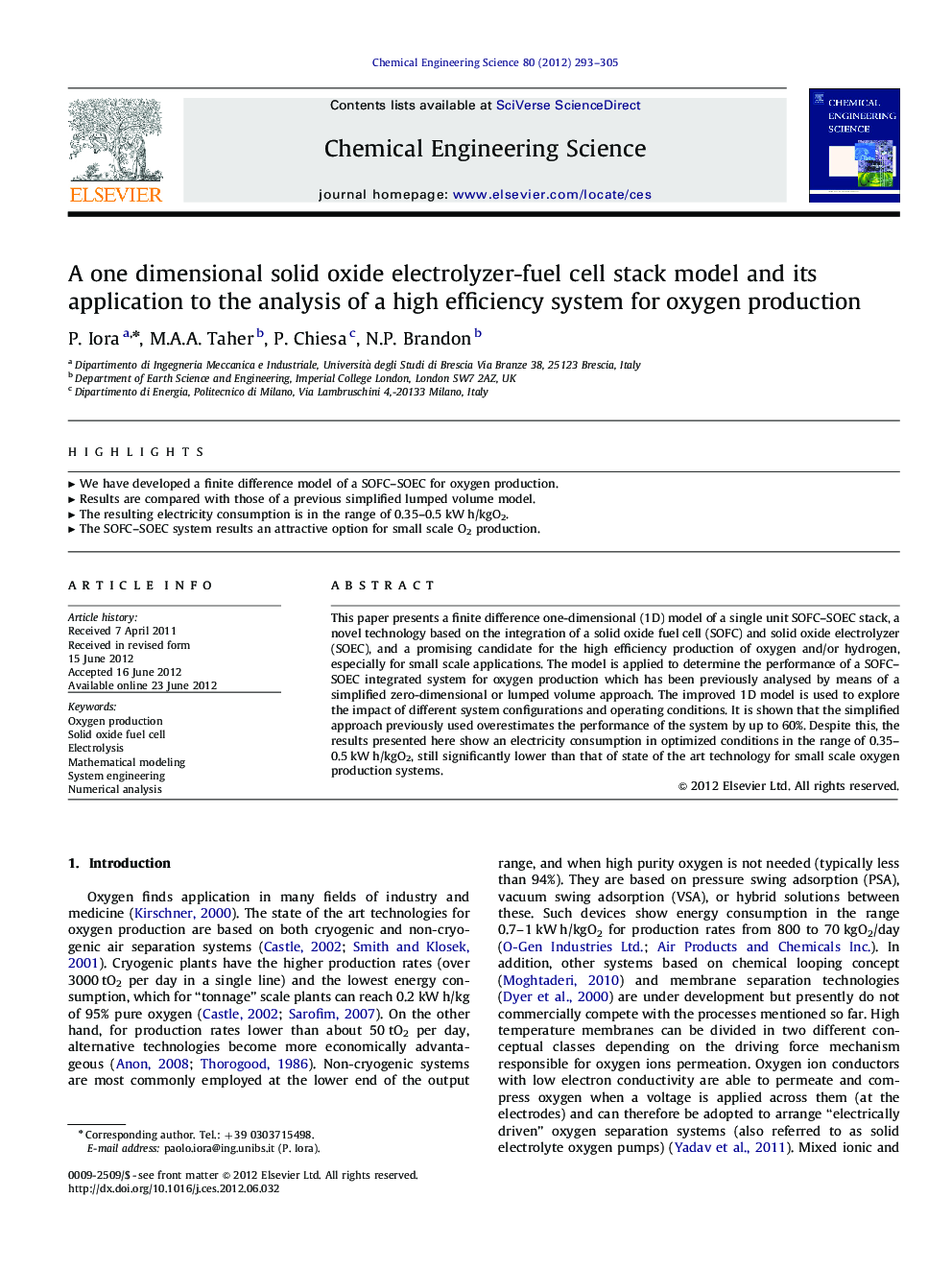 A one dimensional solid oxide electrolyzer-fuel cell stack model and its application to the analysis of a high efficiency system for oxygen production