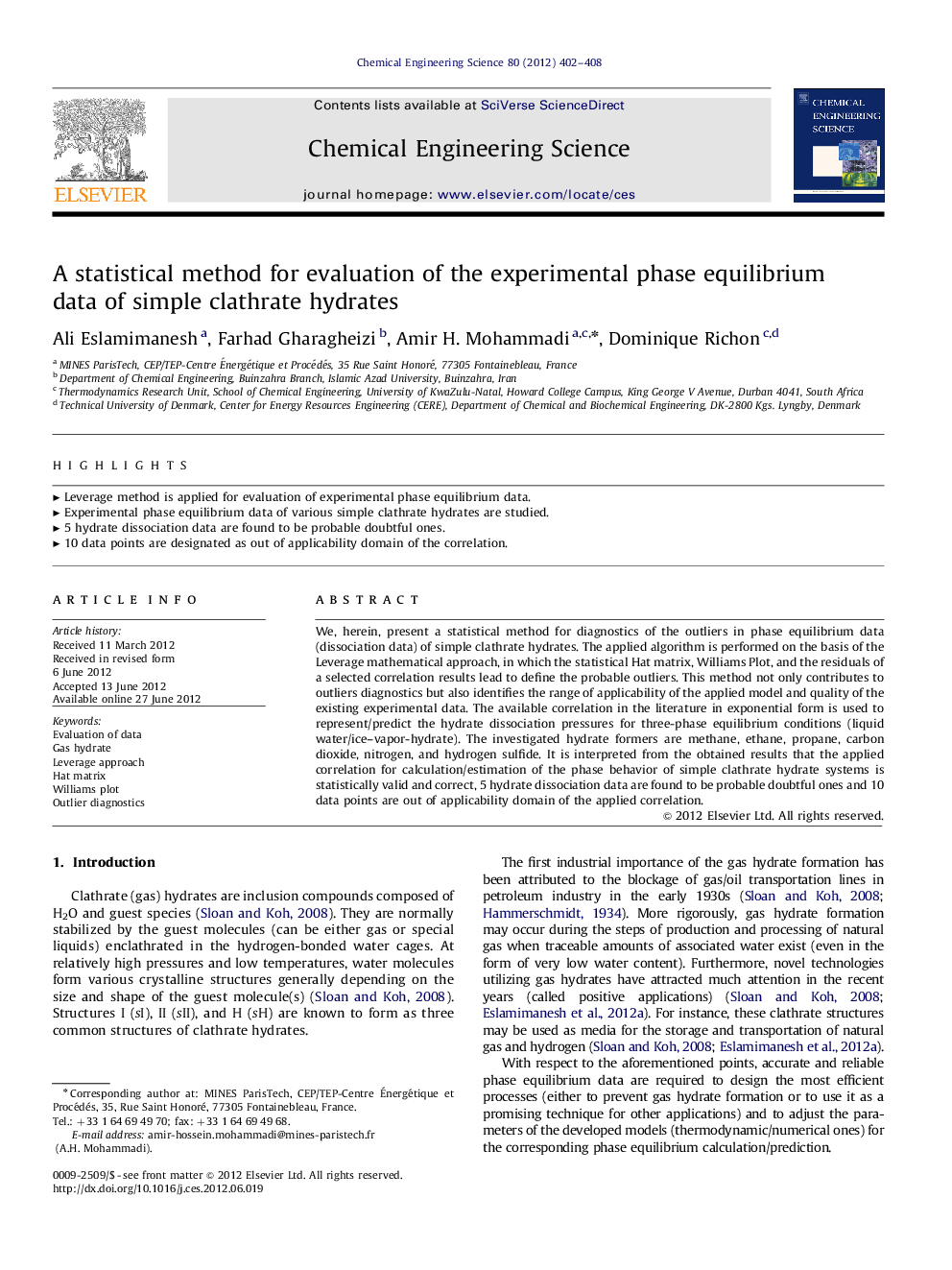 A statistical method for evaluation of the experimental phase equilibrium data of simple clathrate hydrates