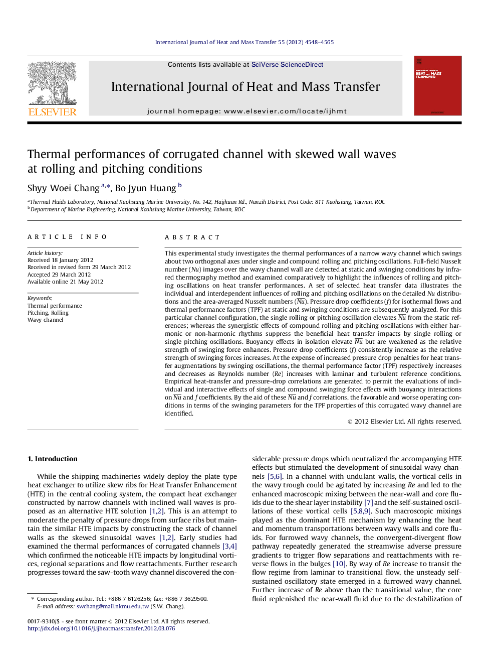 Thermal performances of corrugated channel with skewed wall waves at rolling and pitching conditions