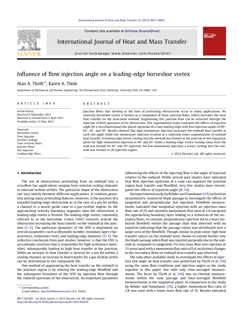 Influence of flow injection angle on a leading-edge horseshoe vortex