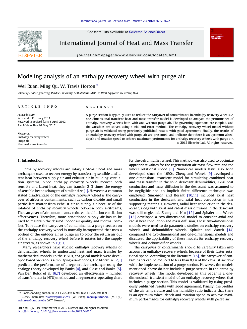 Modeling analysis of an enthalpy recovery wheel with purge air