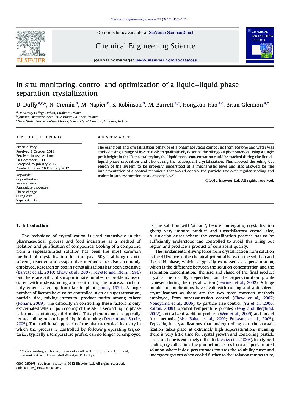 In situ monitoring, control and optimization of a liquid-liquid phase separation crystallization