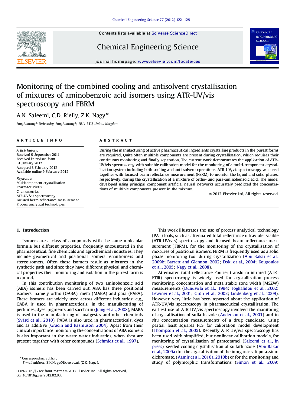 Monitoring of the combined cooling and antisolvent crystallisation of mixtures of aminobenzoic acid isomers using ATR-UV/vis spectroscopy and FBRM