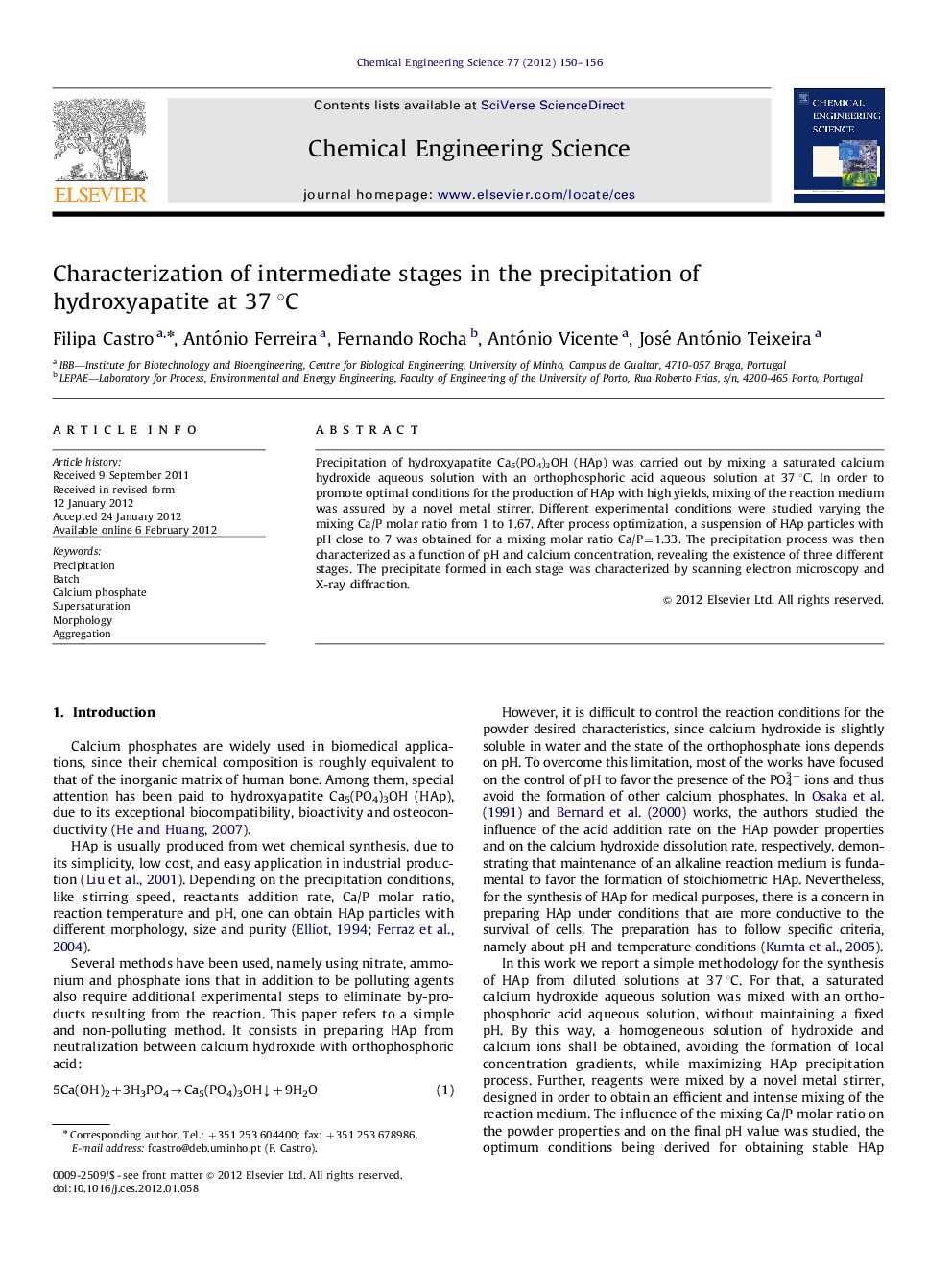 Characterization of intermediate stages in the precipitation of hydroxyapatite at 37Â Â°C