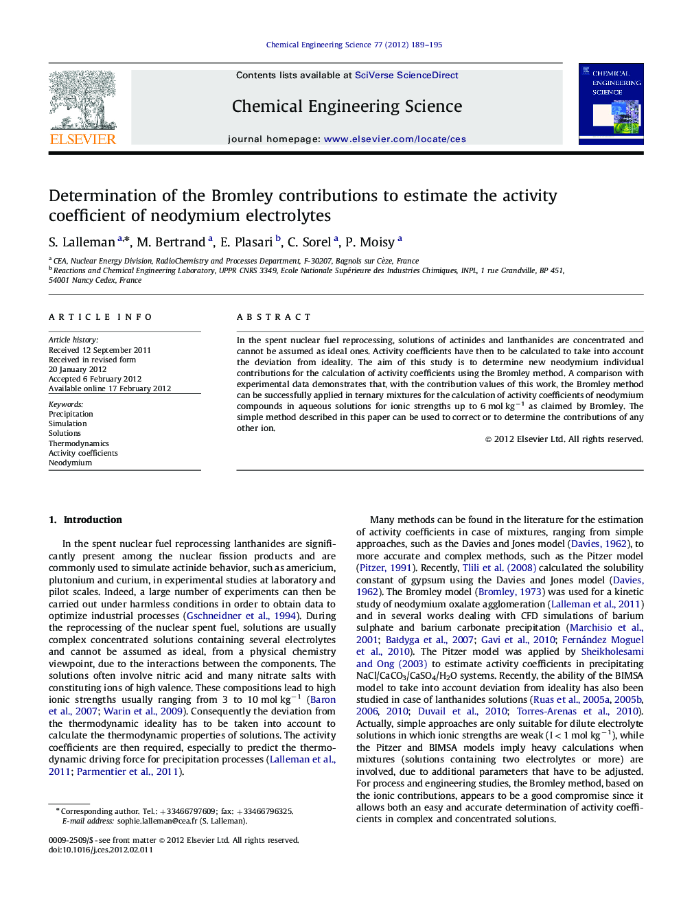 Determination of the Bromley contributions to estimate the activity coefficient of neodymium electrolytes