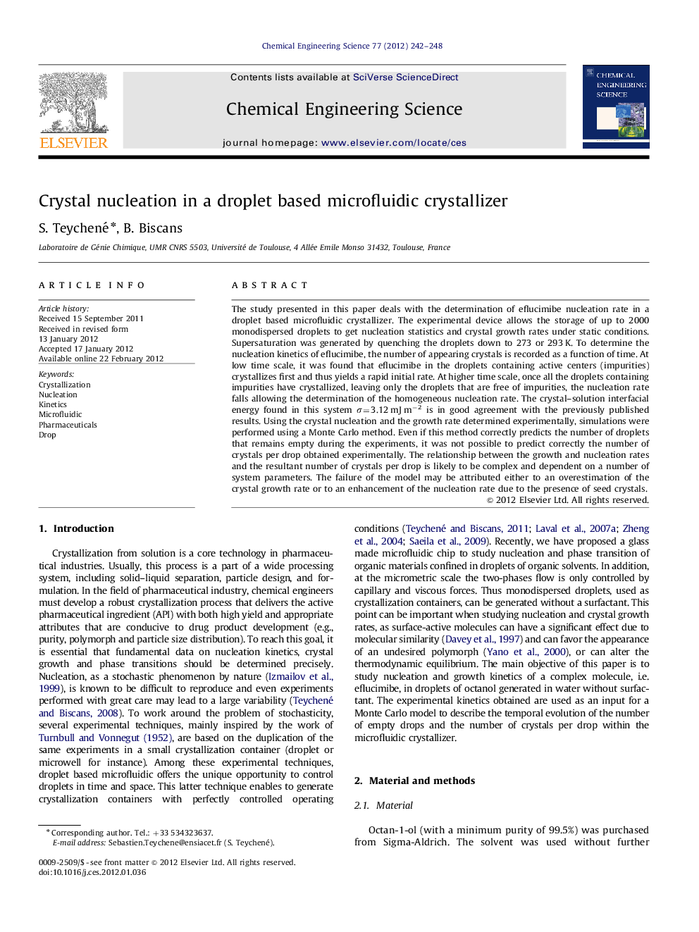 عکس صفحه اول مقاله: Crystal nucleation in a droplet based microfluidic crystallizer Crystal nucleation in a droplet based microfluidic crystallizer