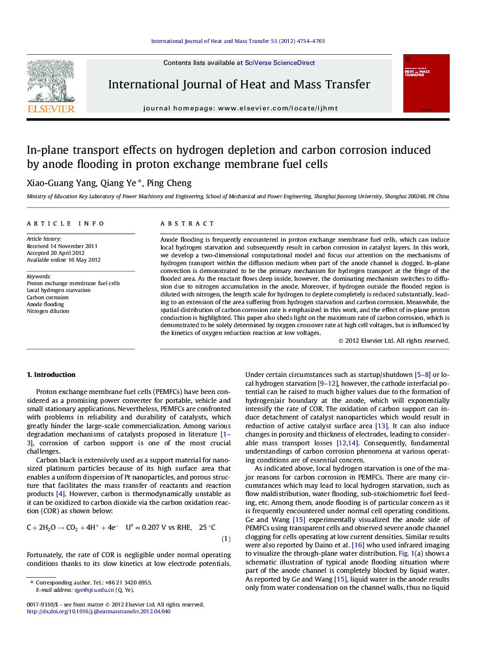 In-plane transport effects on hydrogen depletion and carbon corrosion induced by anode flooding in proton exchange membrane fuel cells