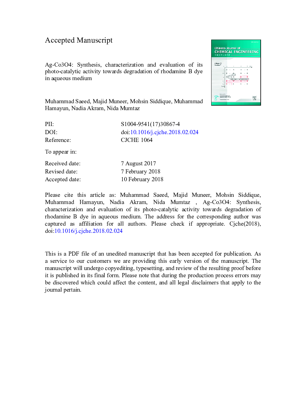 Ag-Co3O4: Synthesis, characterization and evaluation of its photo-catalytic activity towards degradation of rhodamine B dye in aqueous medium