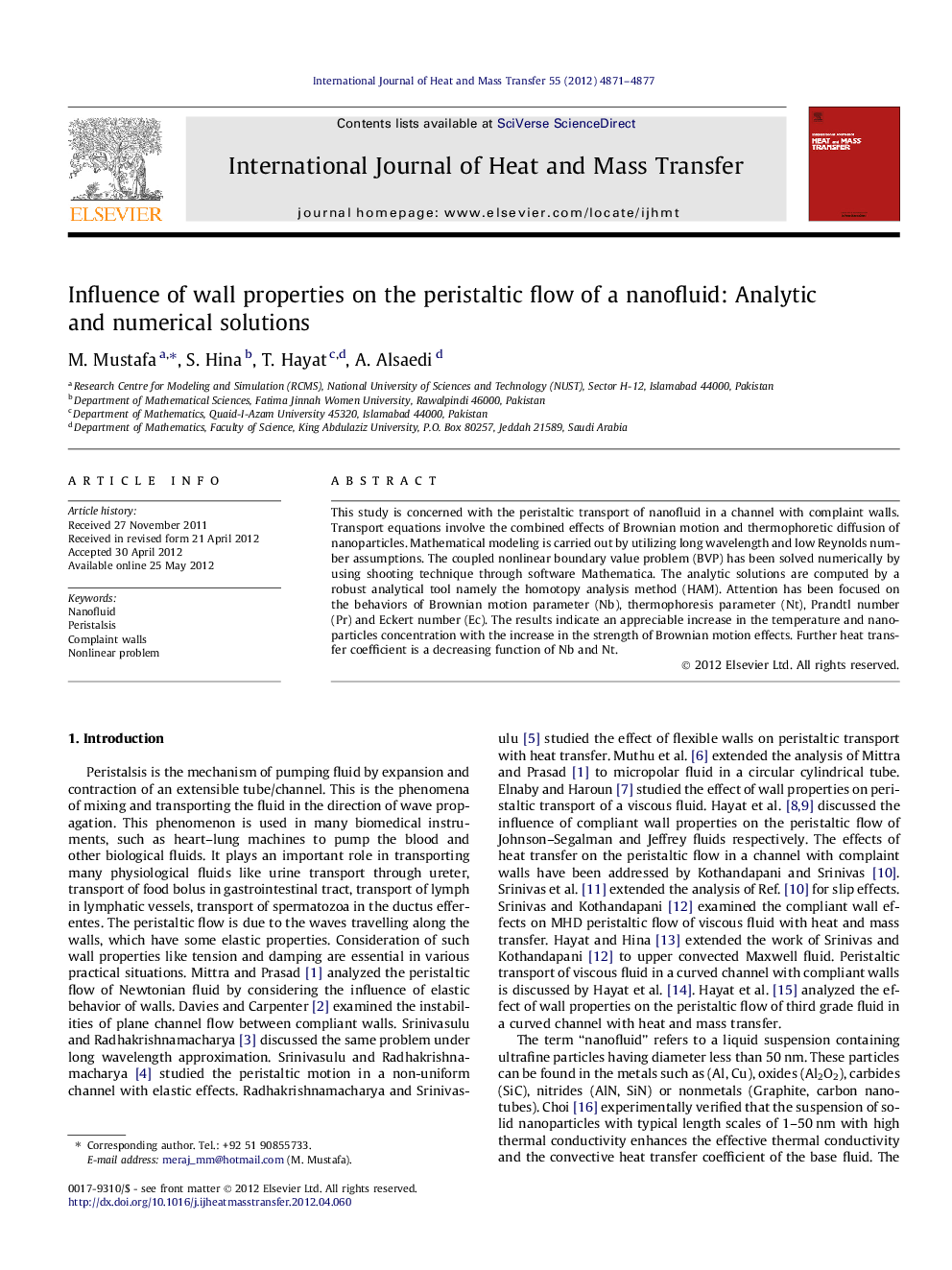 Influence of wall properties on the peristaltic flow of a nanofluid: Analytic and numerical solutions