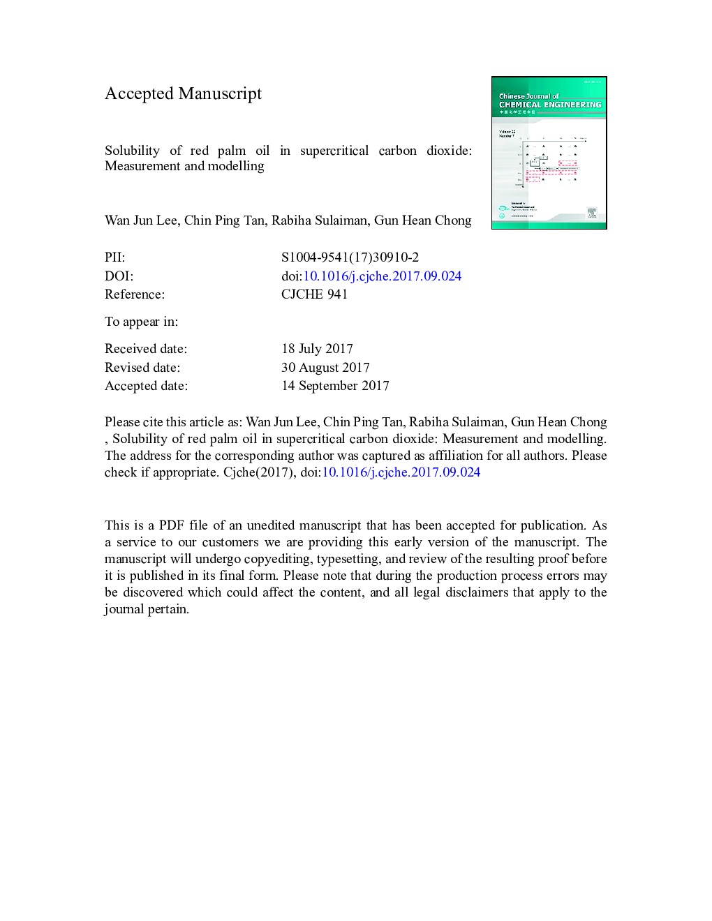 Solubility of red palm oil in supercritical carbon dioxide: Measurement and modelling