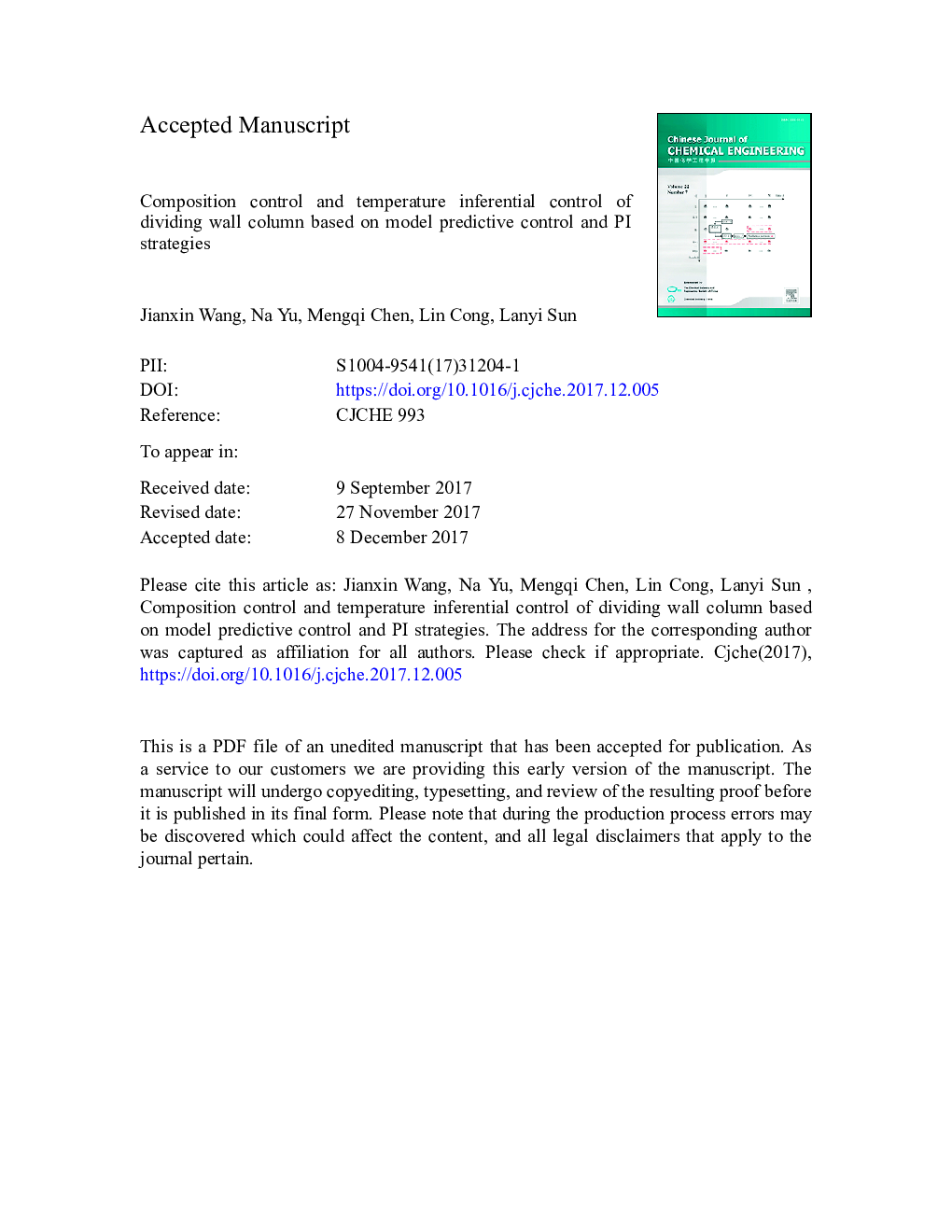 Composition control and temperature inferential control of dividing wall column based on model predictive control and PI strategies