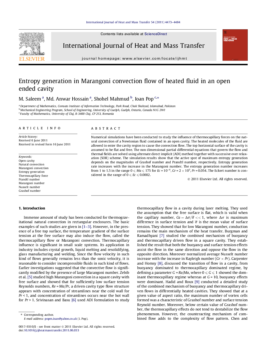 Entropy generation in Marangoni convection flow of heated fluid in an open ended cavity