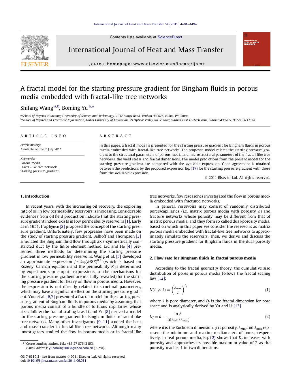 A fractal model for the starting pressure gradient for Bingham fluids in porous media embedded with fractal-like tree networks