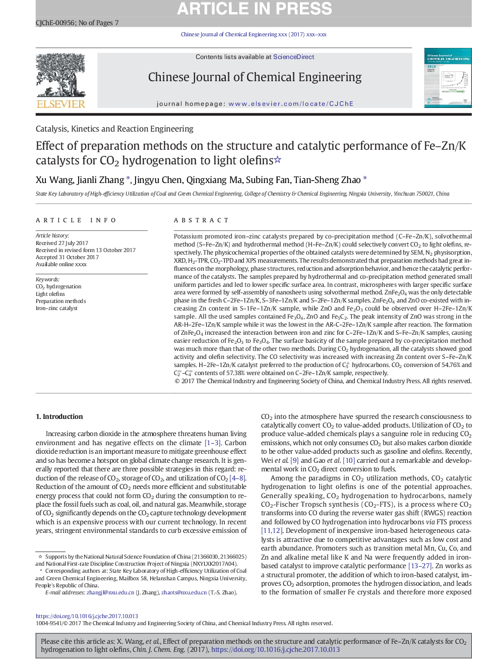 Effect of preparation methods on the structure and catalytic performance of Fe-Zn/K catalysts for CO2 hydrogenation to light olefins