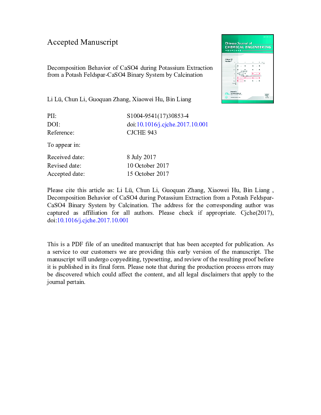 Decomposition behavior of CaSO4 during potassium extraction from a potash feldspar-CaSO4 binary system by calcination