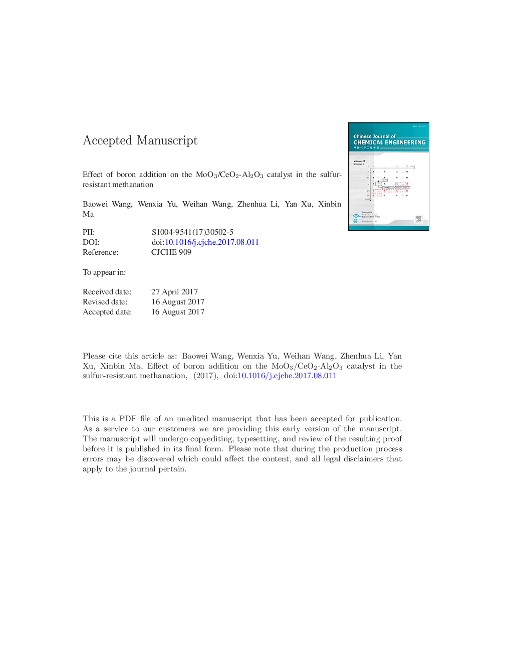 Effect of boron addition on the MoO3/CeO2-Al2O3 catalyst in the sulfur-resistant methanation