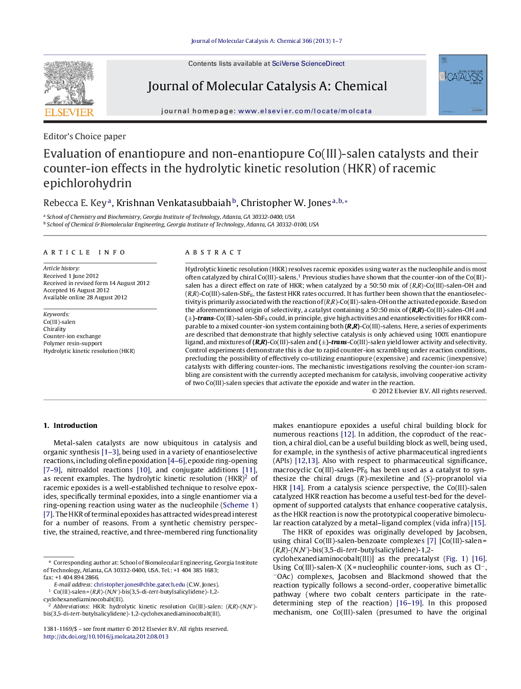 Evaluation of enantiopure and non-enantiopure Co(III)-salen catalysts and their counter-ion effects in the hydrolytic kinetic resolution (HKR) of racemic epichlorohydrin