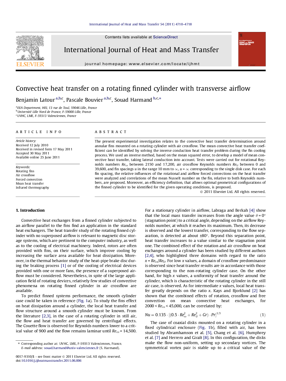 Convective heat transfer on a rotating finned cylinder with transverse airflow