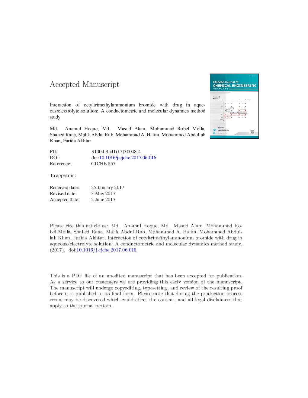 Interaction of cetyltrimethylammonium bromide with drug in aqueous/electrolyte solution: A combined conductometric and molecular dynamics method study