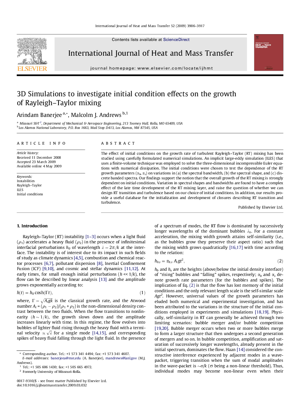 3D Simulations to investigate initial condition effects on the growth of Rayleigh–Taylor mixing