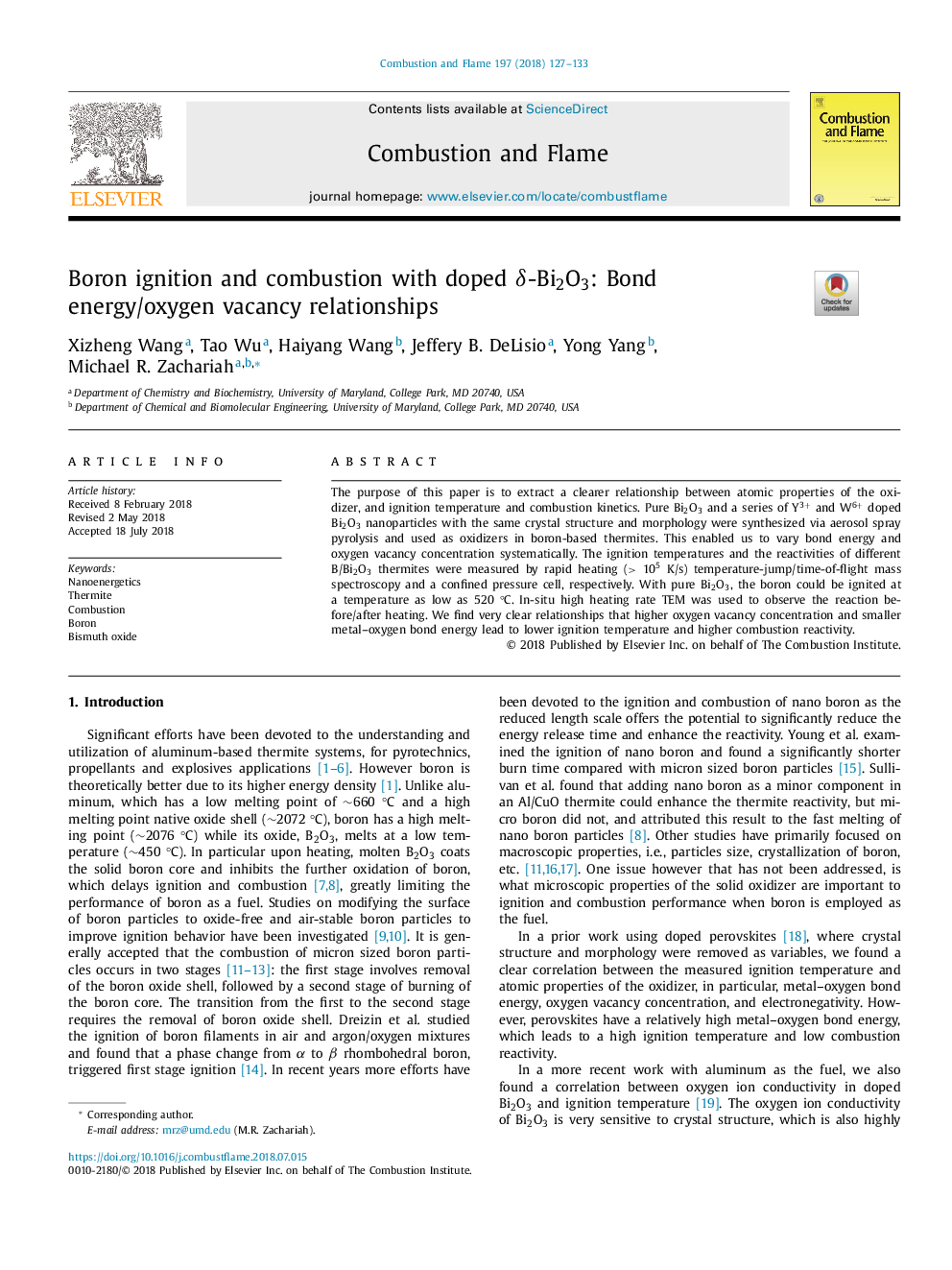 Boron ignition and combustion with doped Î´-Bi2O3: Bond energy/oxygen vacancy relationships