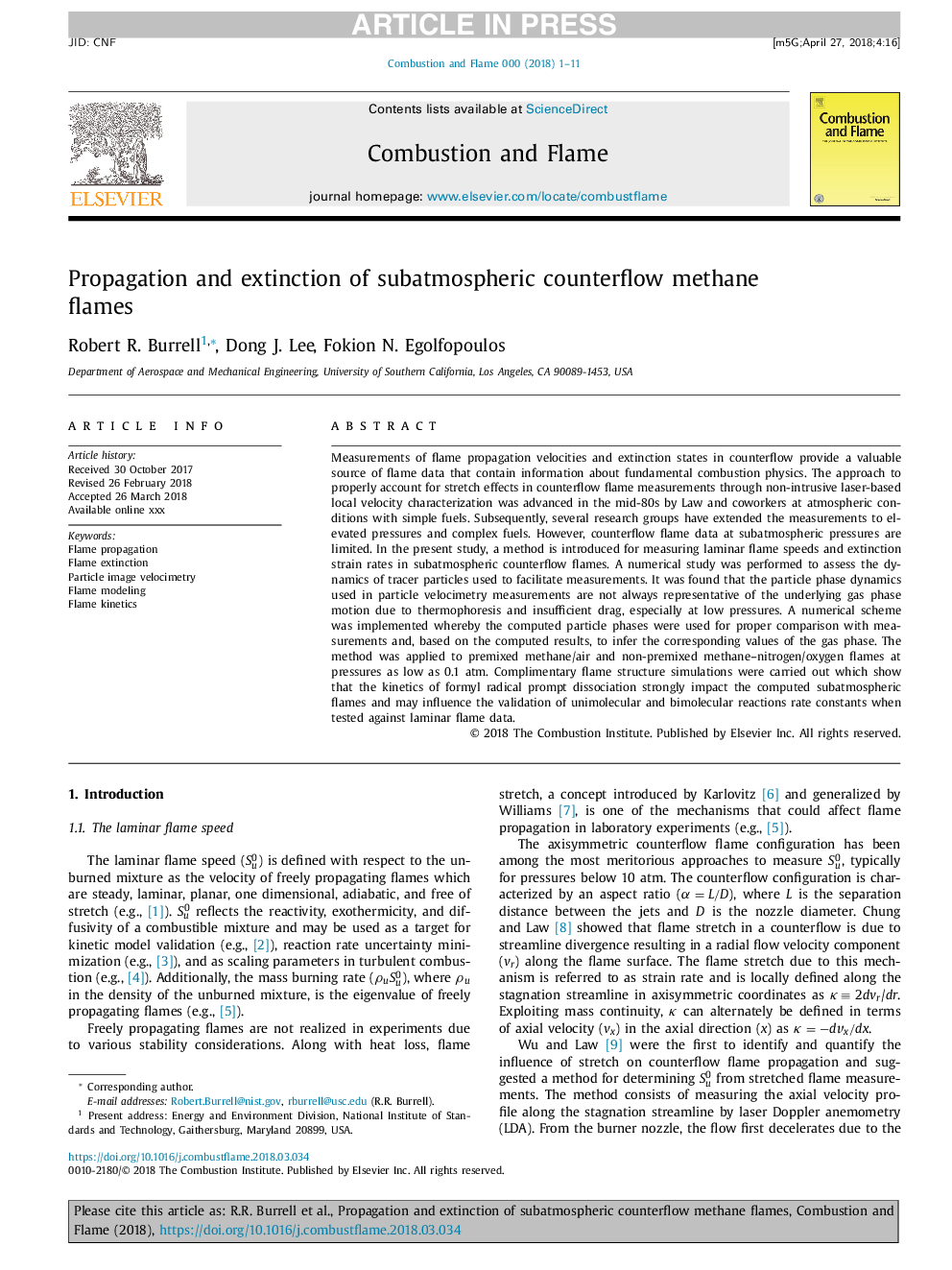 Propagation and extinction of subatmospheric counterflow methane flames