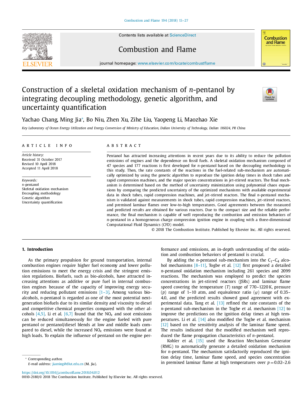 Construction of a skeletal oxidation mechanism of n-pentanol by integrating decoupling methodology, genetic algorithm, and uncertainty quantification