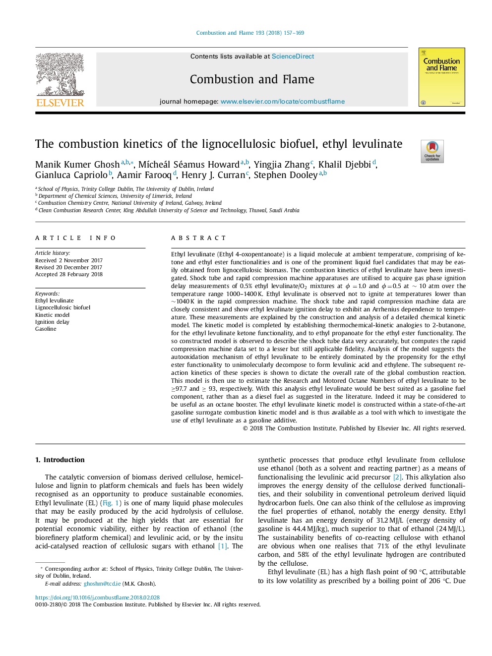 The combustion kinetics of the lignocellulosic biofuel, ethyl levulinate