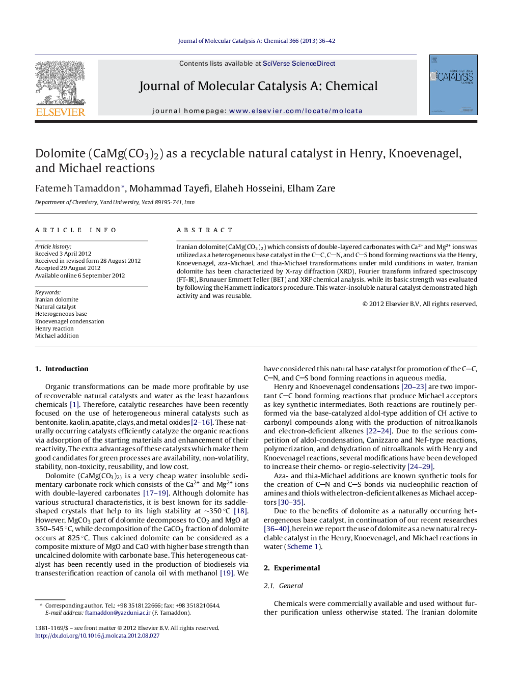 Dolomite (CaMg(CO3)2) as a recyclable natural catalyst in Henry, Knoevenagel, and Michael reactions