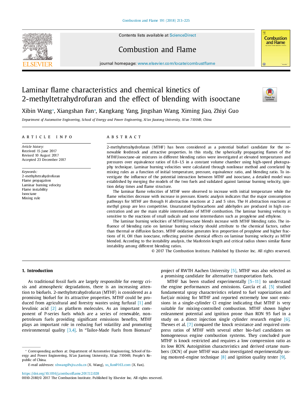 Laminar flame characteristics and chemical kinetics of 2-methyltetrahydrofuran and the effect of blending with isooctane