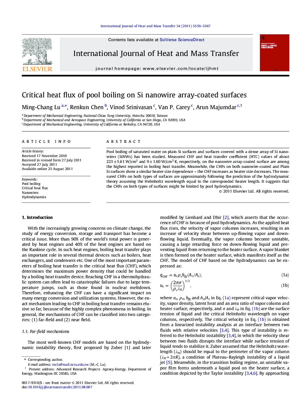 Critical heat flux of pool boiling on Si nanowire array-coated surfaces