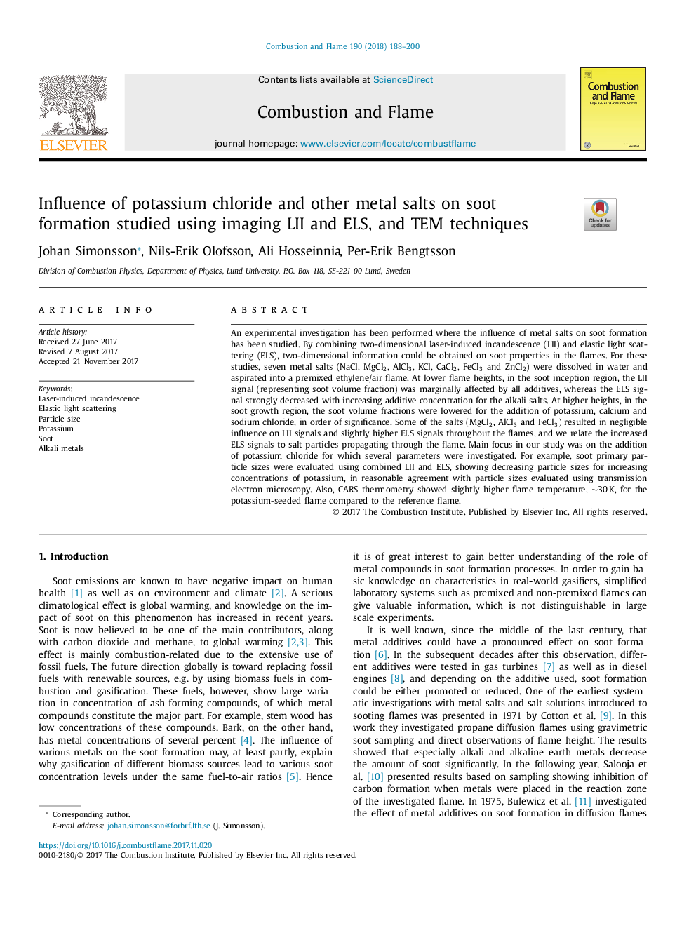 Influence of potassium chloride and other metal salts on soot formation studied using imaging LII and ELS, and TEM techniques