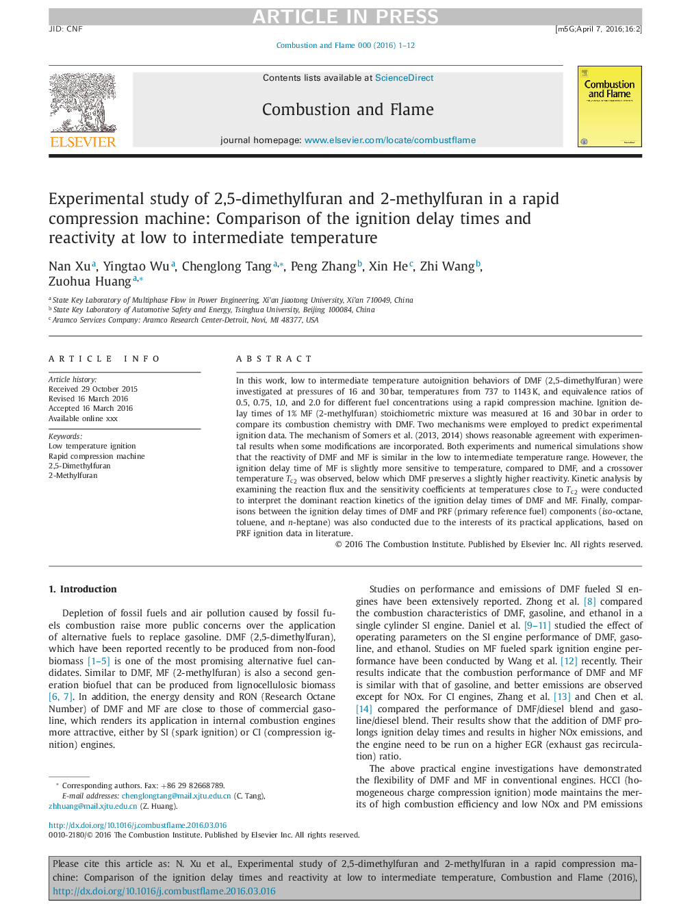 Experimental study of 2,5-dimethylfuran and 2-methylfuran in a rapid compression machine: Comparison of the ignition delay times and reactivity at low to intermediate temperature