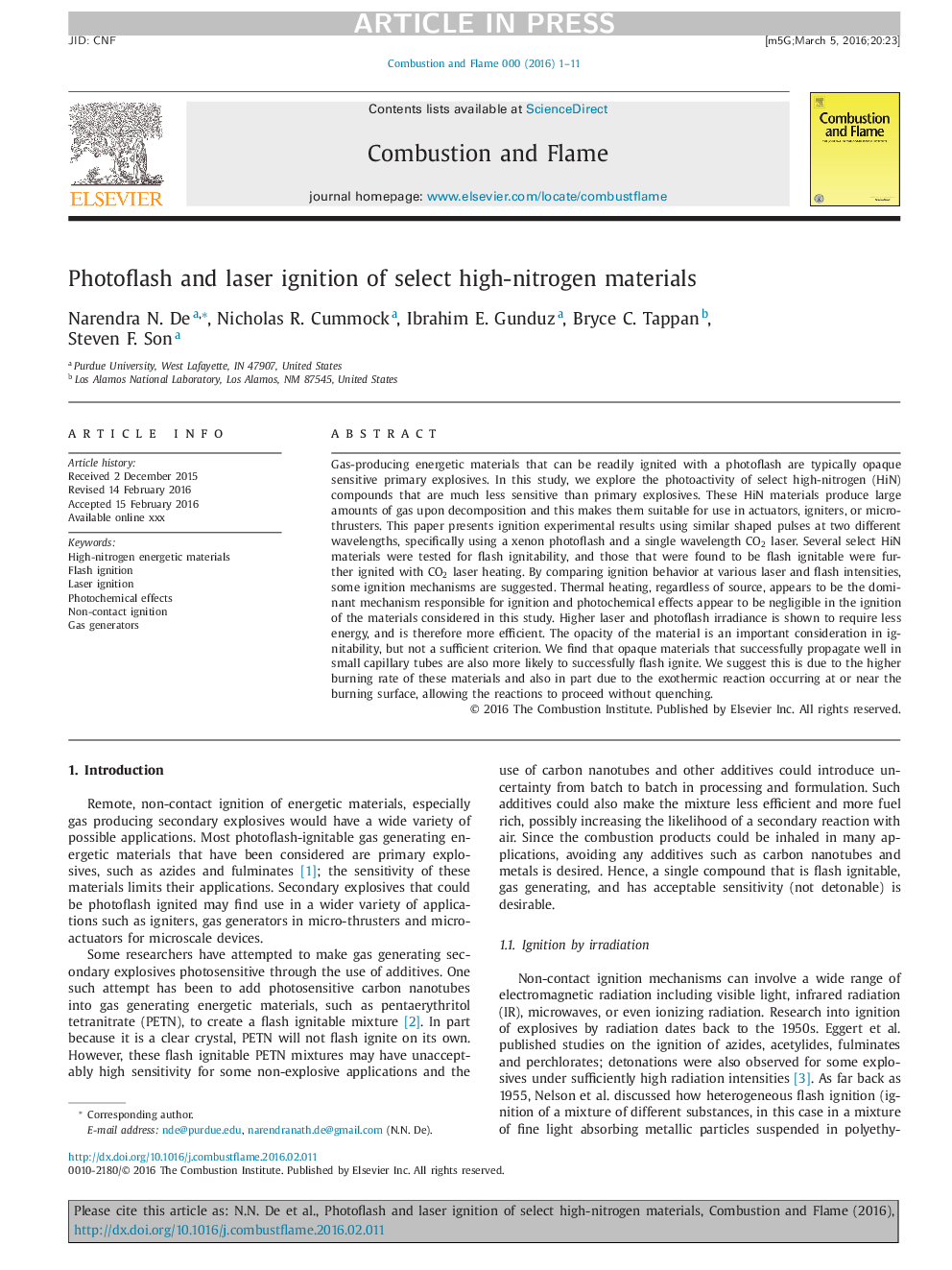 Photoflash and laser ignition of select high-nitrogen materials