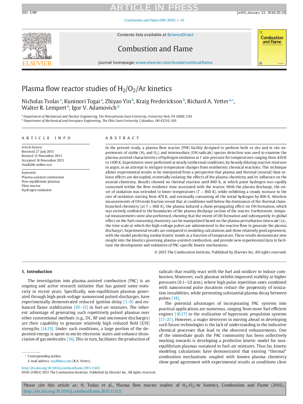 Plasma flow reactor studies of H2/O2/Ar kinetics