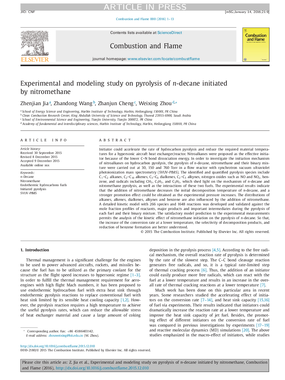 Experimental and modeling study on pyrolysis of n-decane initiated by nitromethane
