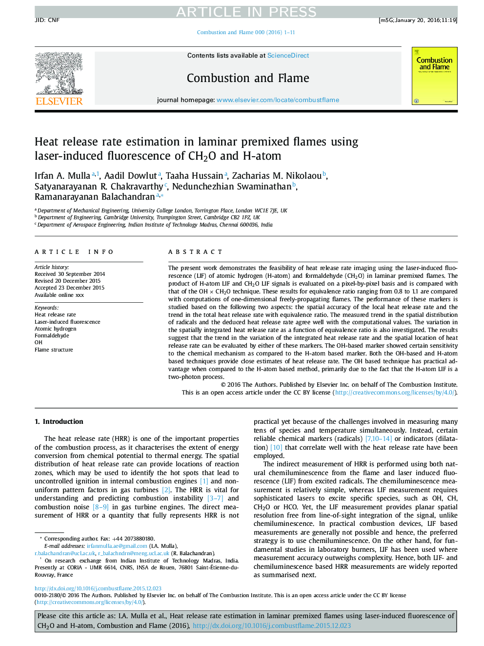 Heat release rate estimation in laminar premixed flames using laser-induced fluorescence of CH2O and H-atom
