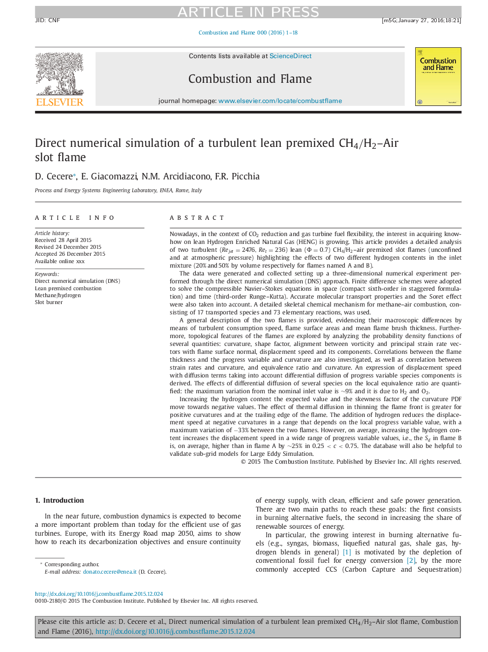 Direct numerical simulation of a turbulent lean premixed CH4/H2-Air slot flame