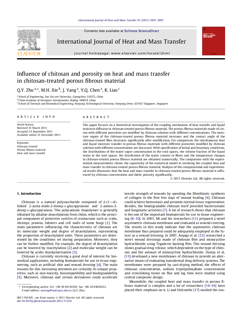 Influence of chitosan and porosity on heat and mass transfer in chitosan-treated porous fibrous material