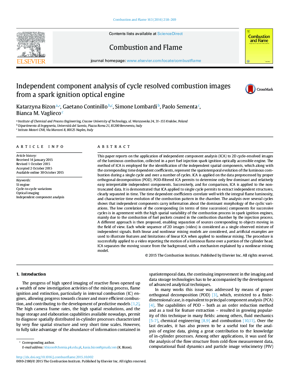 Independent component analysis of cycle resolved combustion images from a spark ignition optical engine