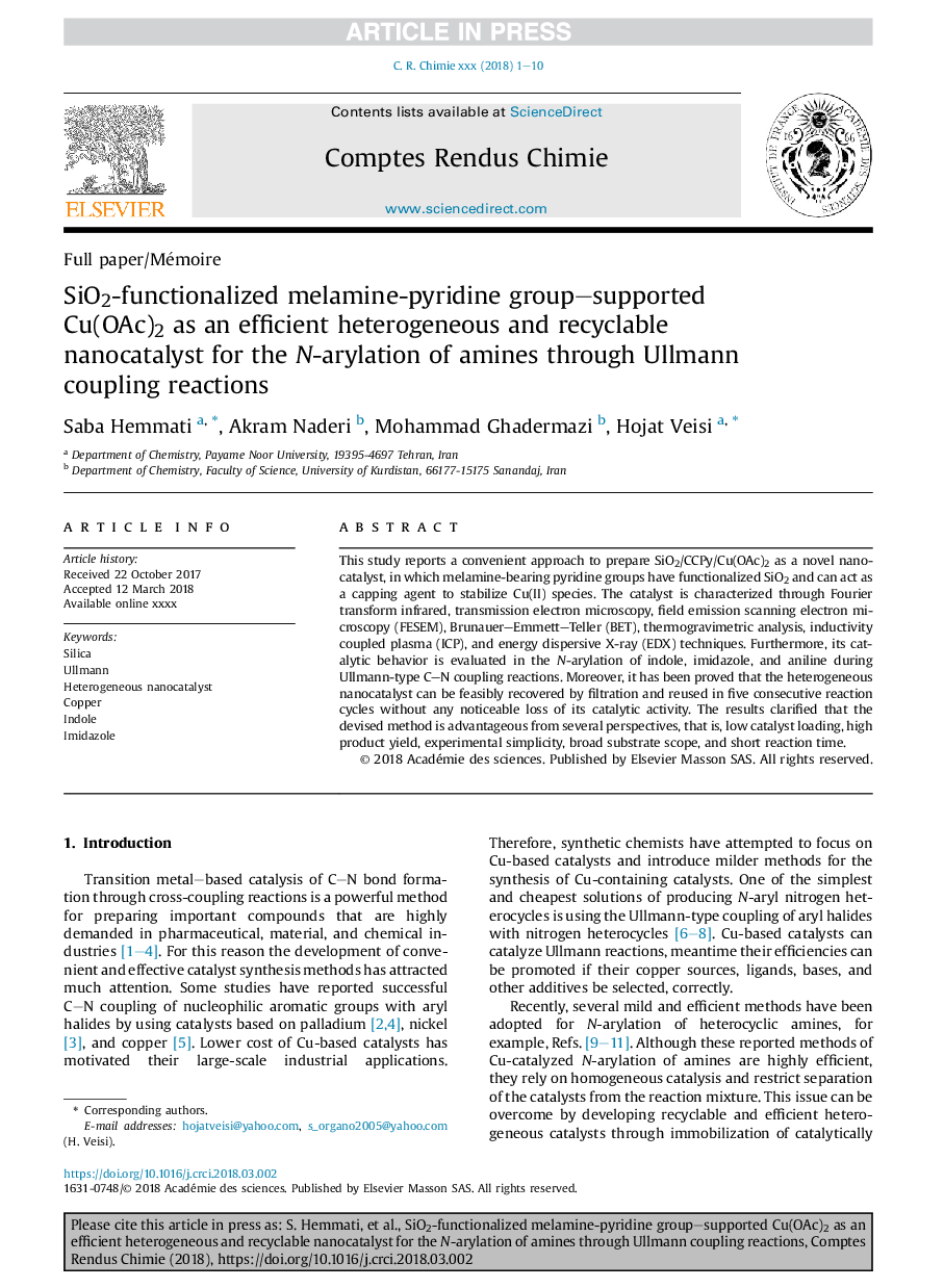 SiO2-functionalized melamine-pyridine group-supported Cu(OAc)2 as an efficient heterogeneous and recyclable nanocatalyst for the N-arylation of amines through Ullmann coupling reactions