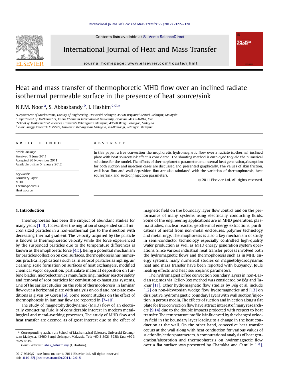 Heat and mass transfer of thermophoretic MHD flow over an inclined radiate isothermal permeable surface in the presence of heat source/sink