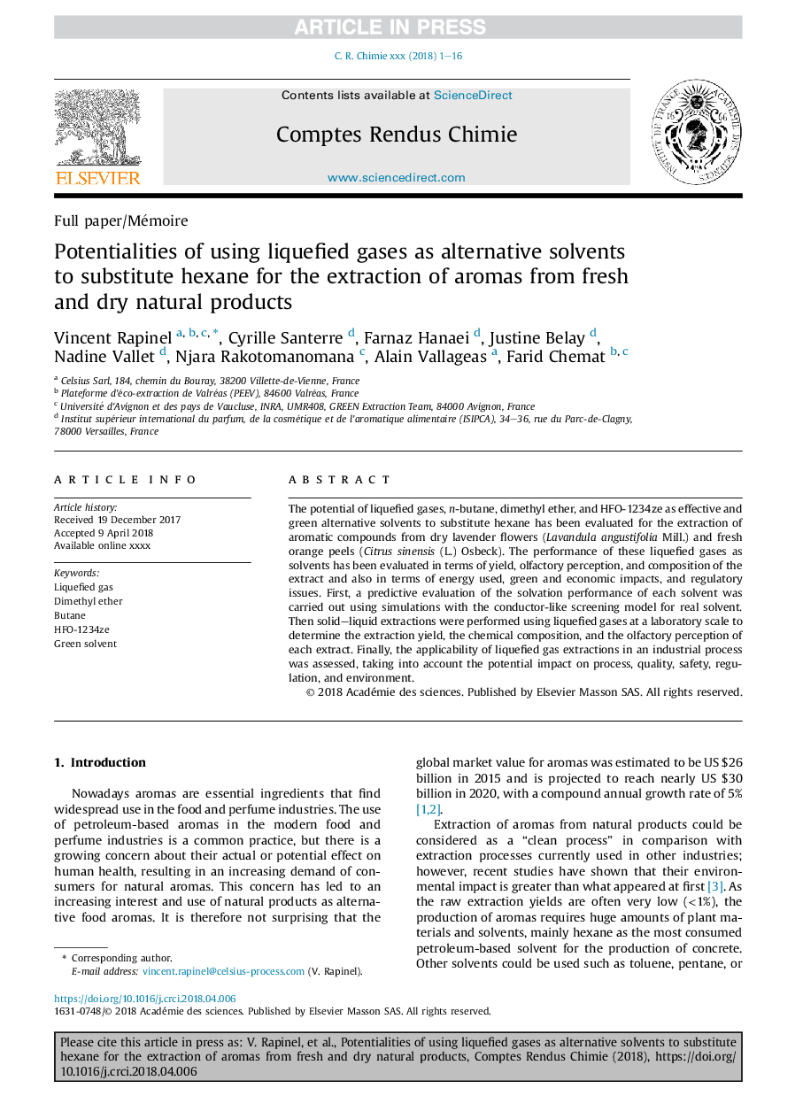 Potentialities of using liquefied gases as alternative solvents to substitute hexane for the extraction of aromas from fresh and dry natural products