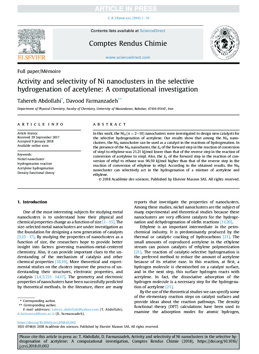 Activity and selectivity of Ni nanoclusters in the selective hydrogenation of acetylene: A computational investigation