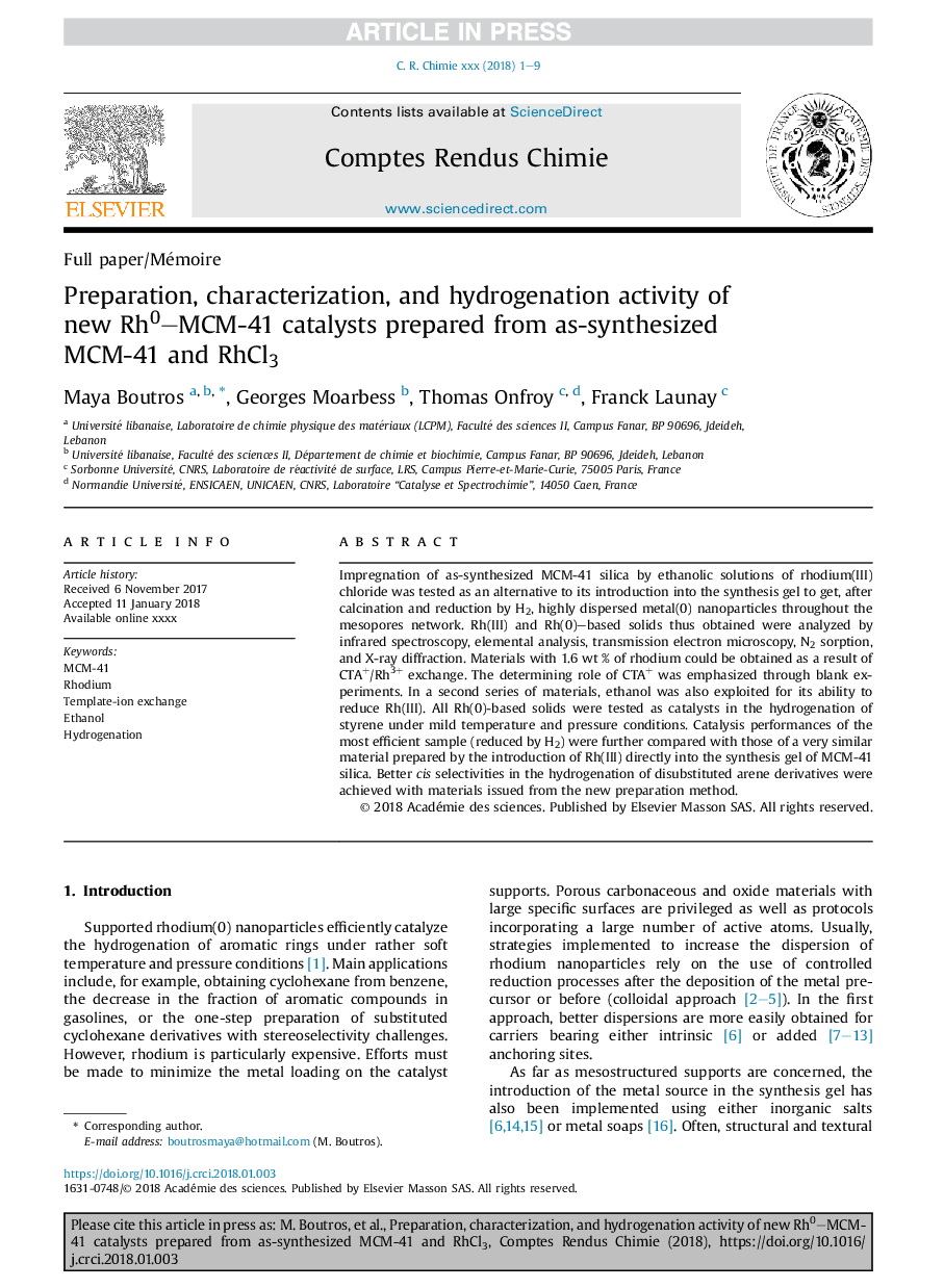 Preparation, characterization, and hydrogenation activity of new Rh0-MCM-41 catalysts prepared from as-synthesized MCM-41 and RhCl3