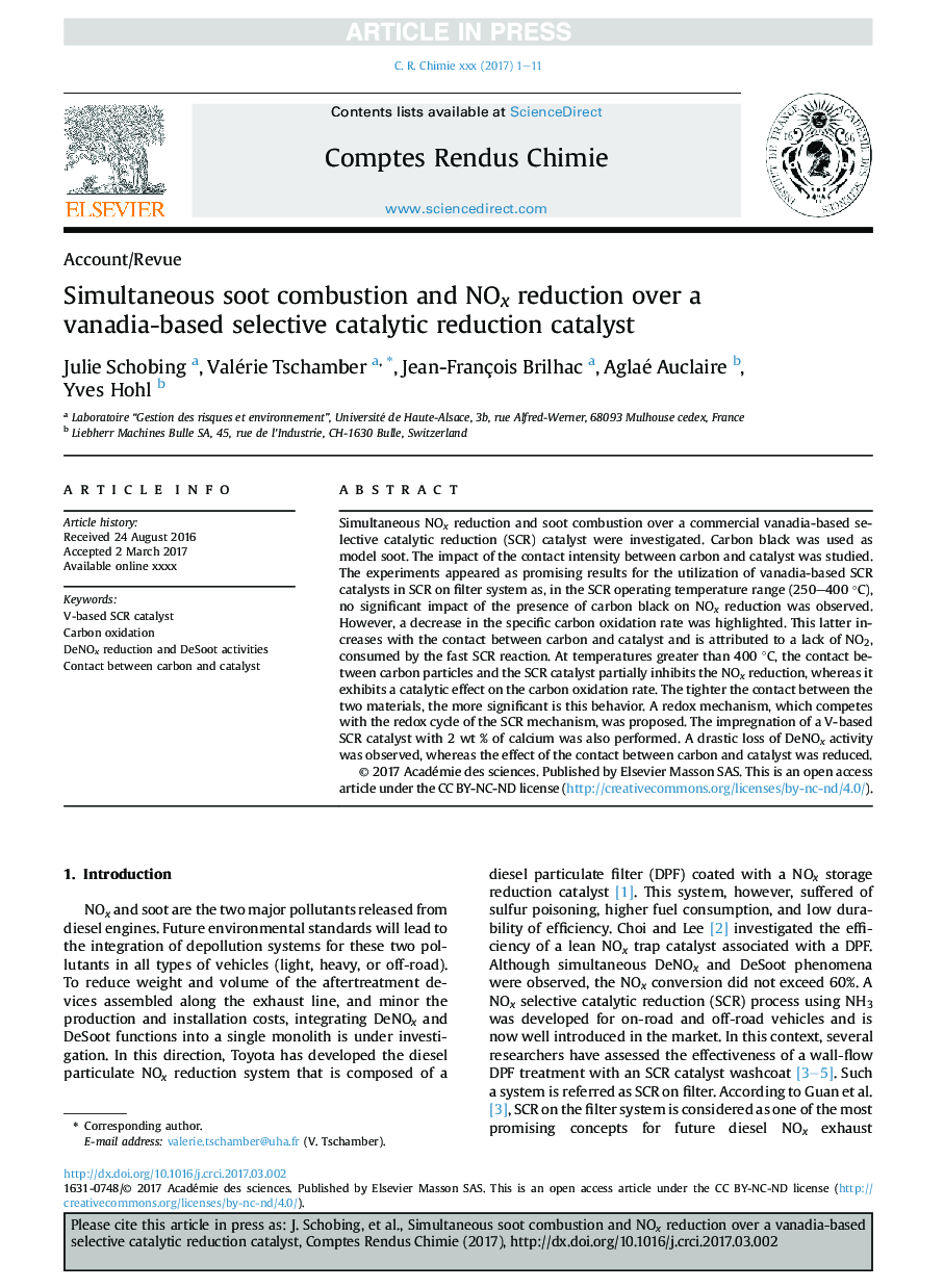 Simultaneous soot combustion and NOx reduction over a vanadia-based selective catalytic reduction catalyst