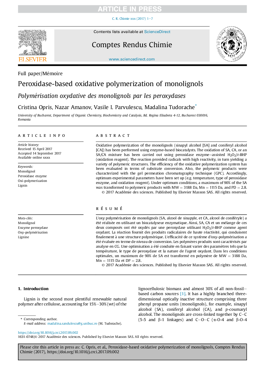 Peroxidase-based oxidative polymerization of monolignols