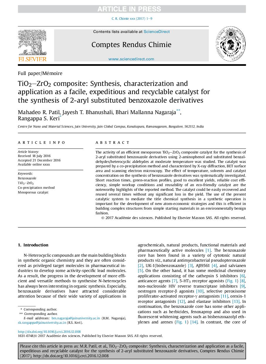 TiO2ZrO2 composite: Synthesis, characterization and application as a facile, expeditious and recyclable catalyst for the synthesis of 2-aryl substituted benzoxazole derivatives