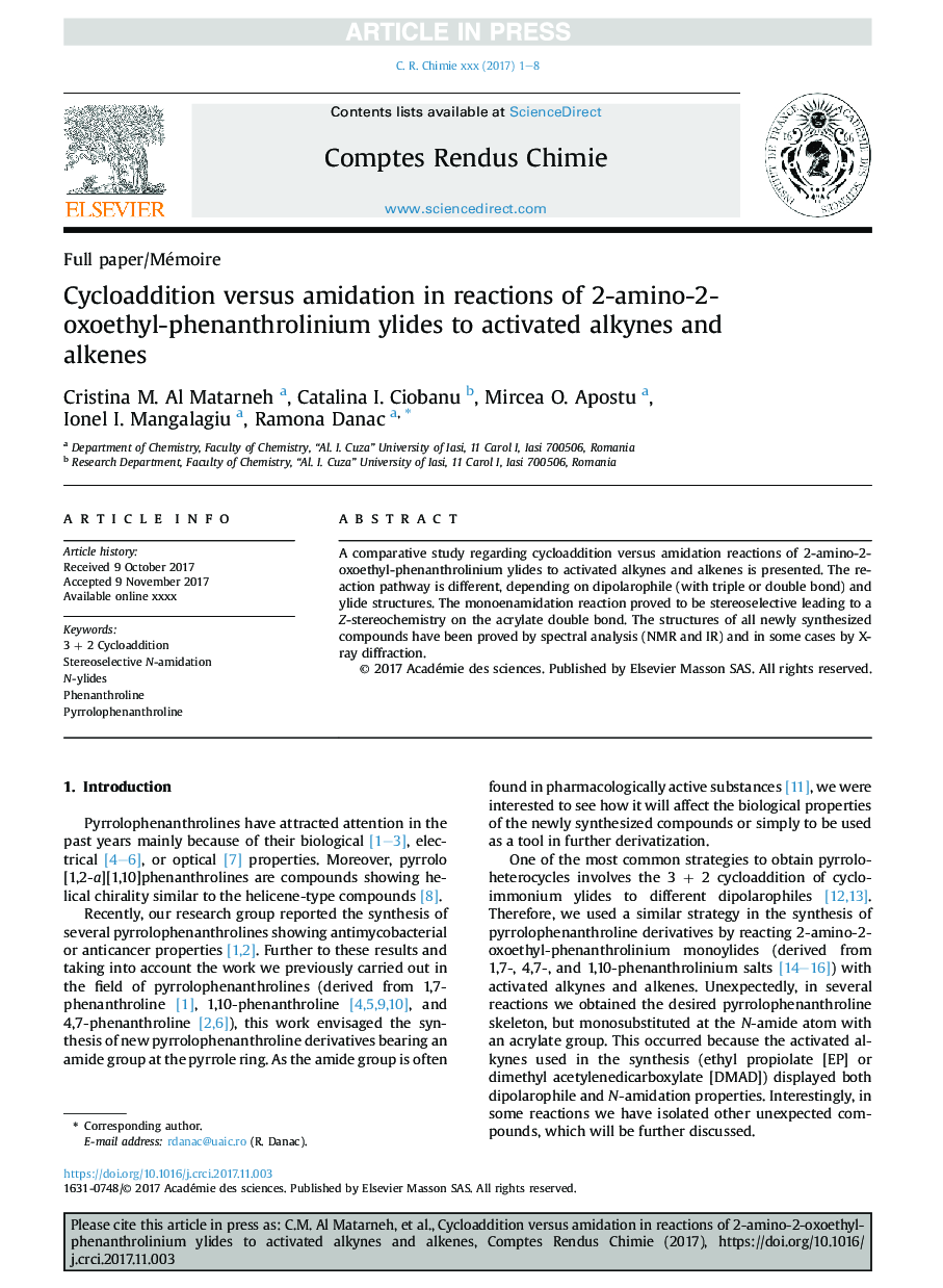 Cycloaddition versus amidation in reactions of 2-amino-2-oxoethyl-phenanthrolinium ylides to activated alkynes and alkenes