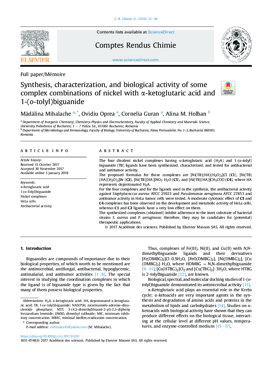 Synthesis, characterization, and biological activity of some complex combinations of nickel with Î±-ketoglutaric acid and 1-(o-tolyl)biguanide